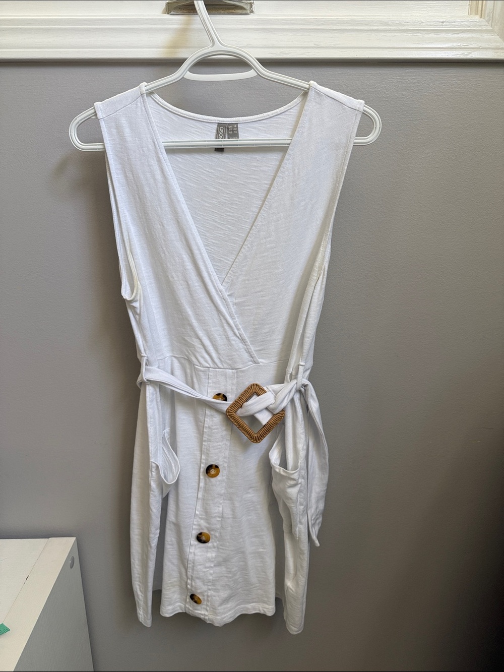 White Sleeveless Mini Wrap Dress with Woven Buckle Belt